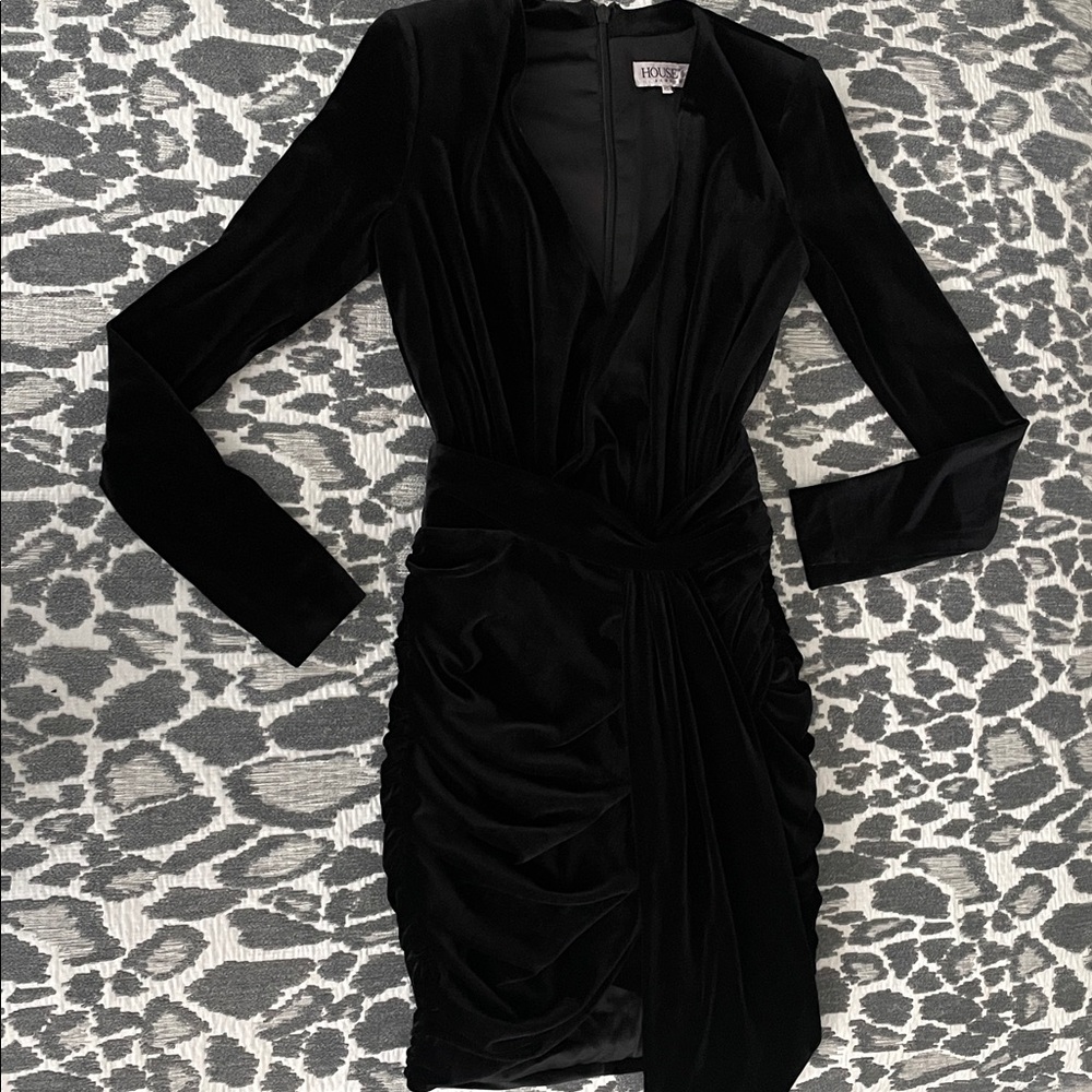 House of CB 'FARRAH' BLACK VELVET GATHERED DEEP V MINI DRESS